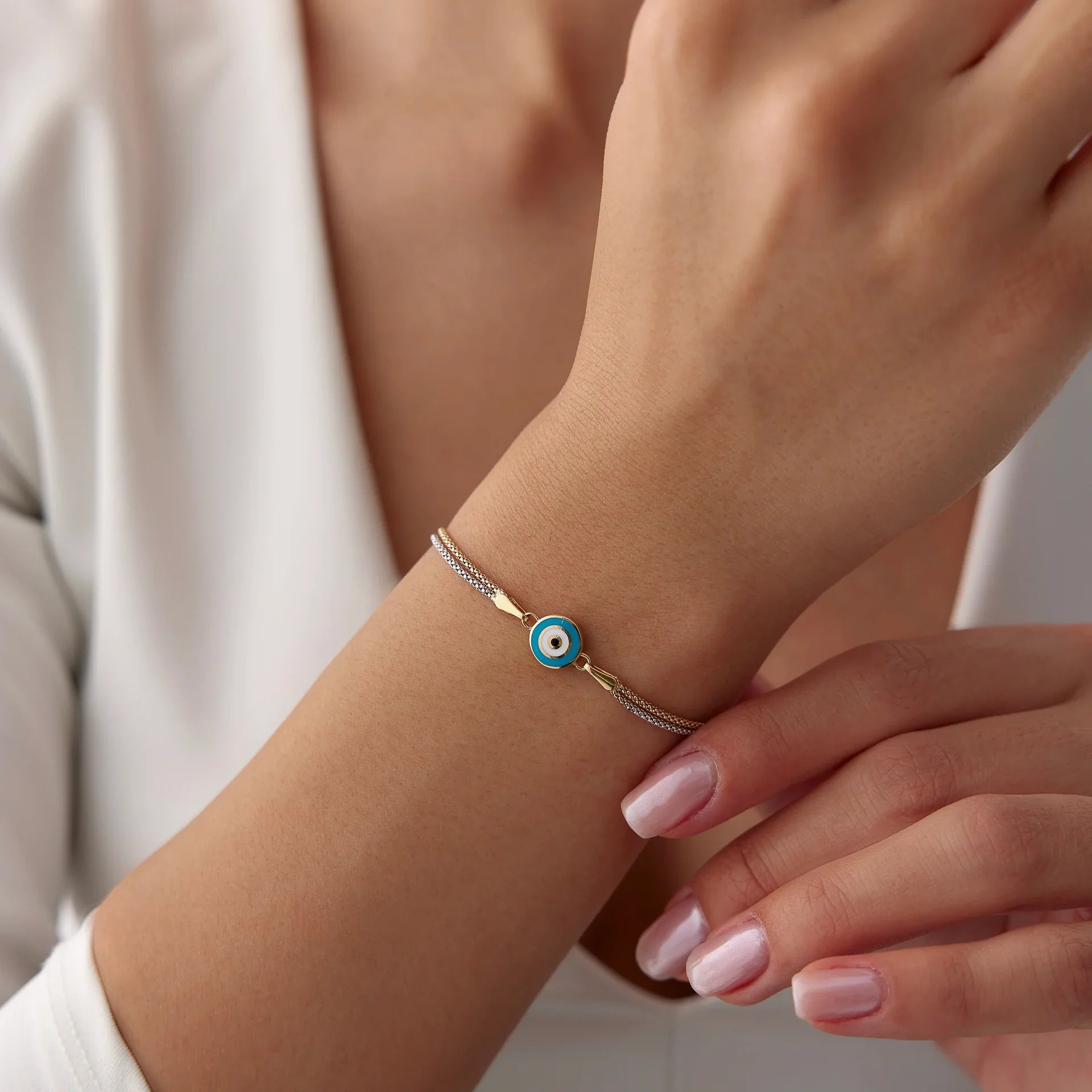 14 Ayar Altın Sıralı Çift Renk Göz Bileklik