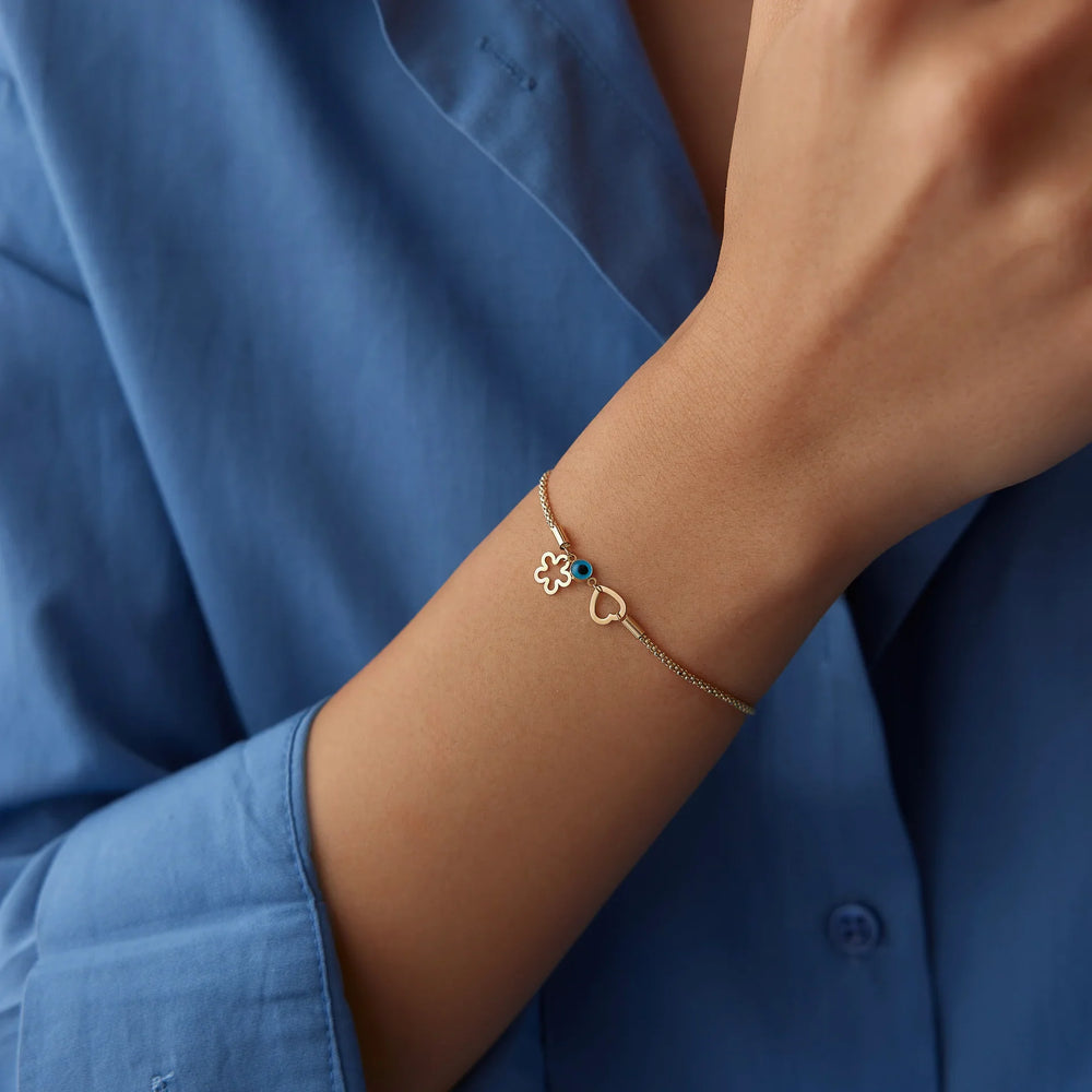 14 Ayar Altın Kalp Çiçek Göz Bileklik