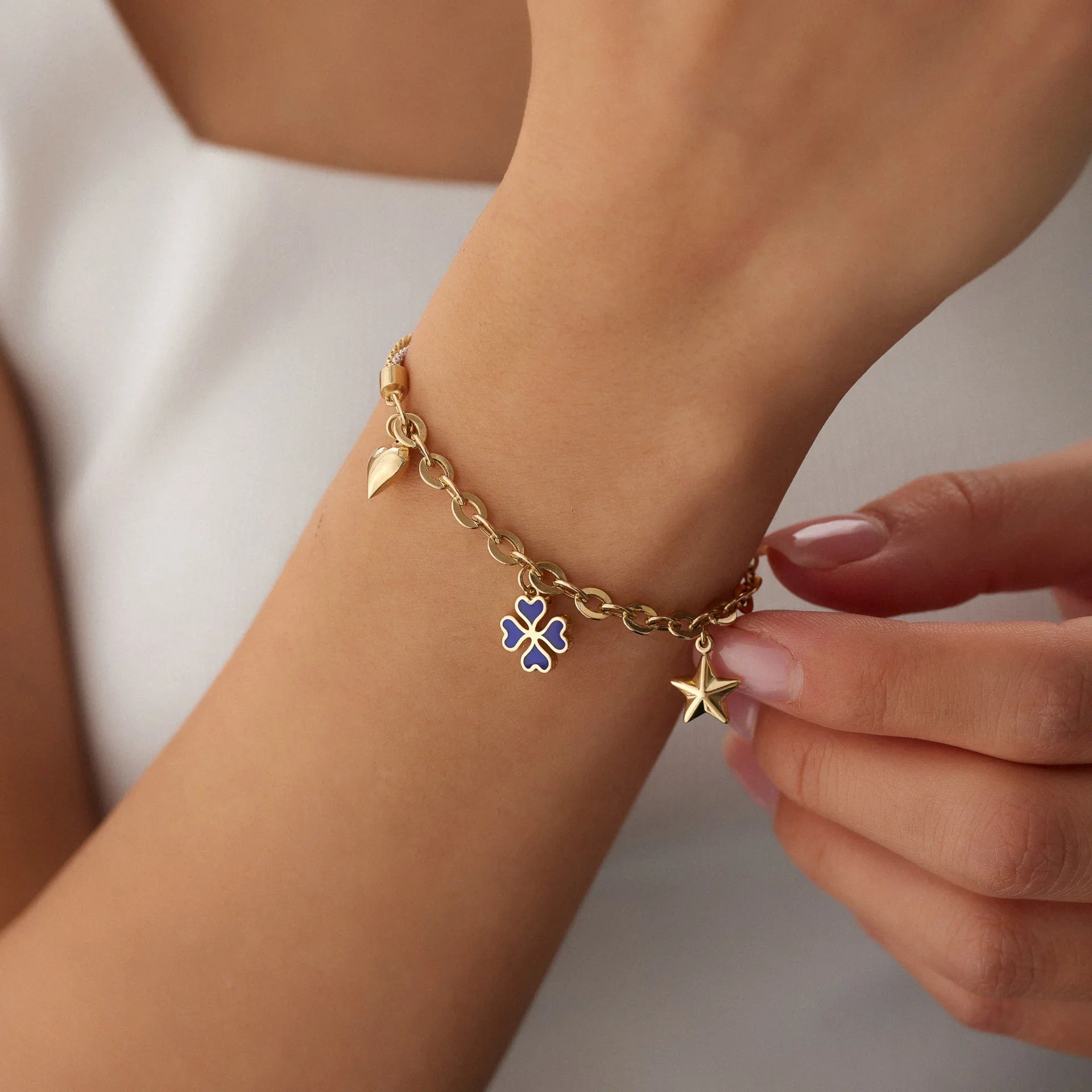 14 Ayar Altın Yonca & Yıldız & Kalp Charm Bileklik
