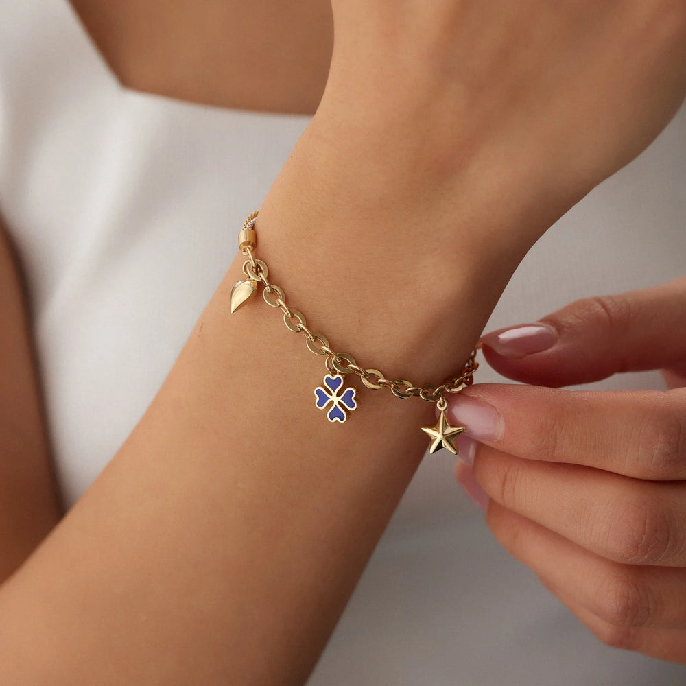 14 Ayar Altın Yonca & Yıldız & Kalp Charm Bileklik