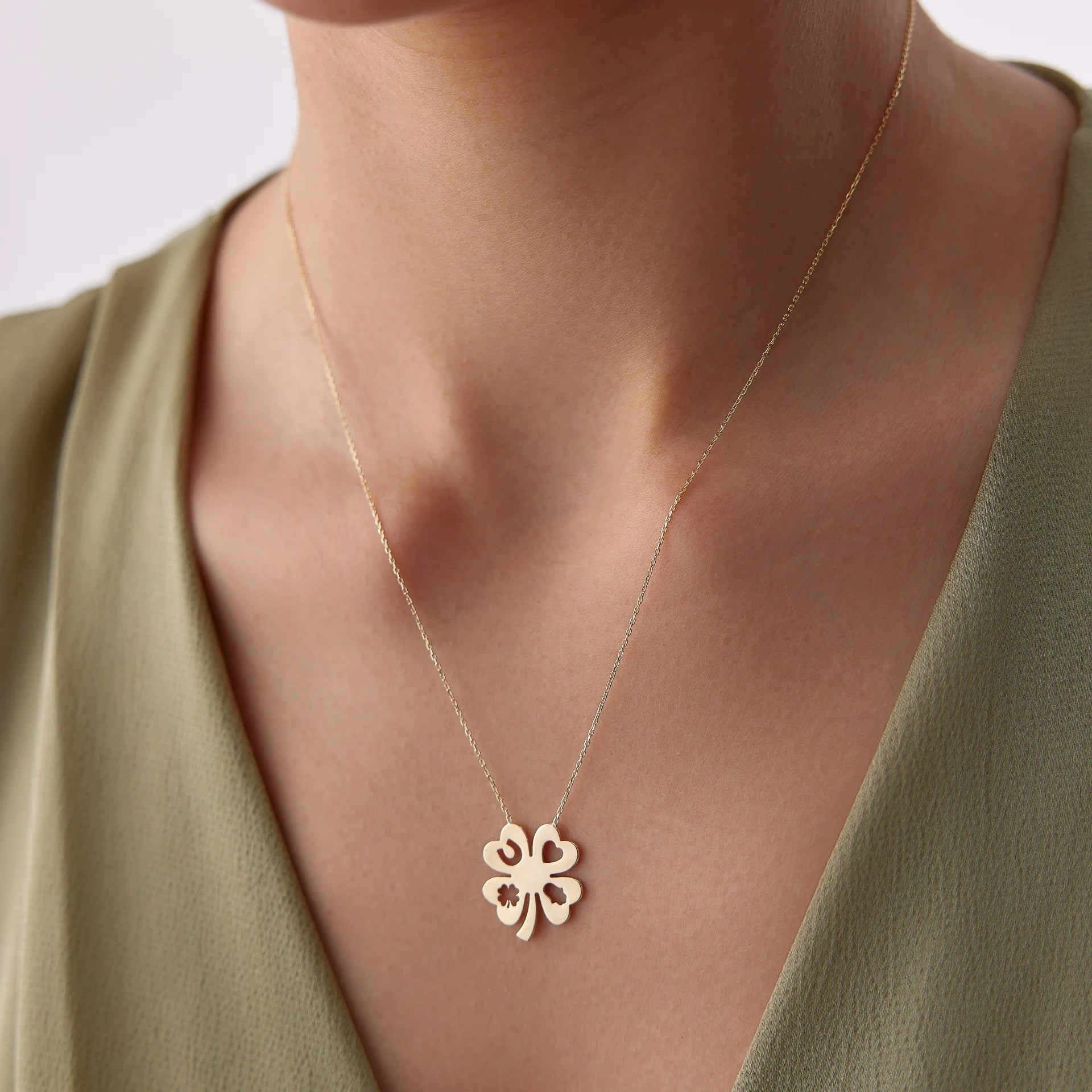 14 Ayar Altın Yonca Kolye - Kalp & At Nalı & Yonca & Fatma Ana Eli