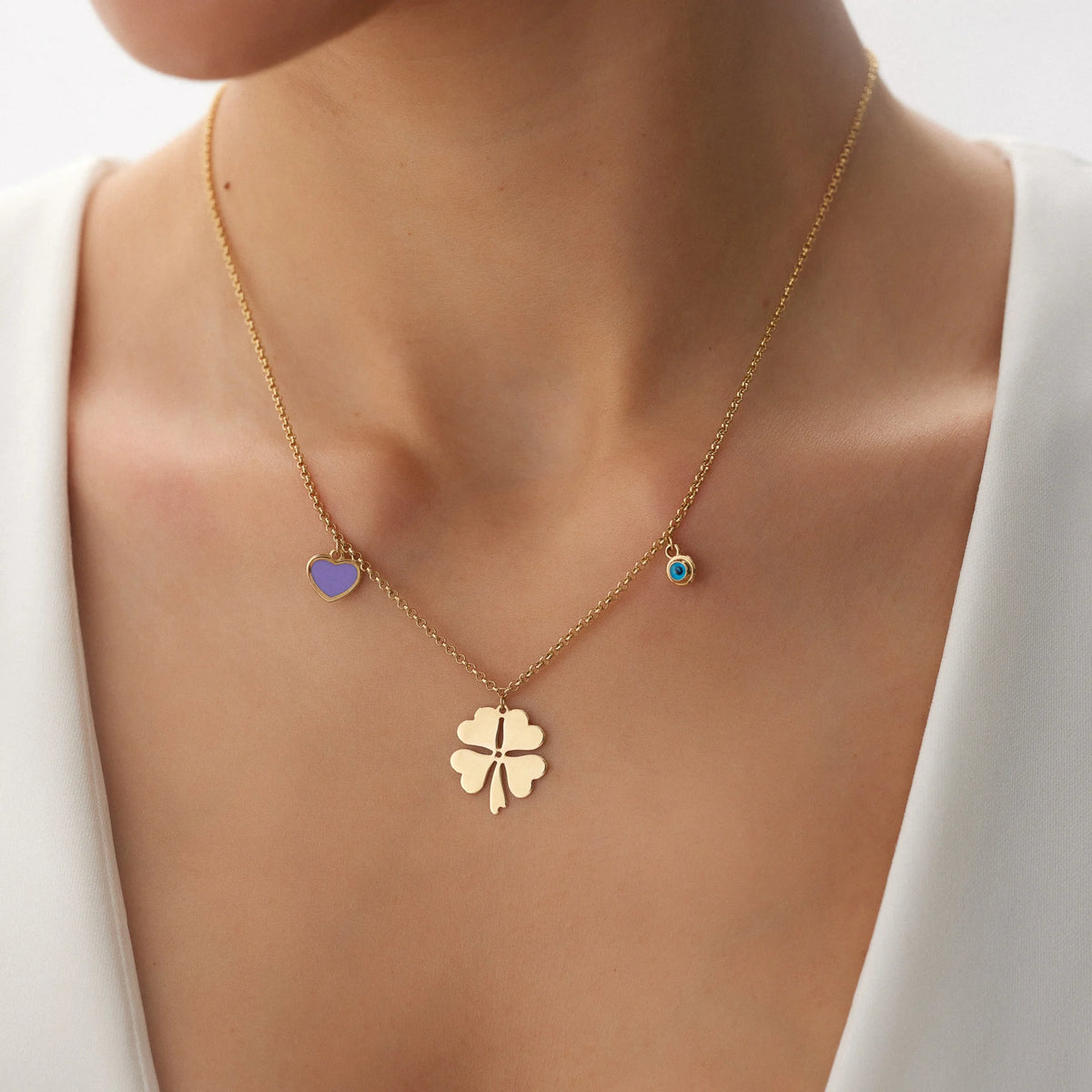 14 Ayar Altın Kalp & Yonca & Göz Kolye