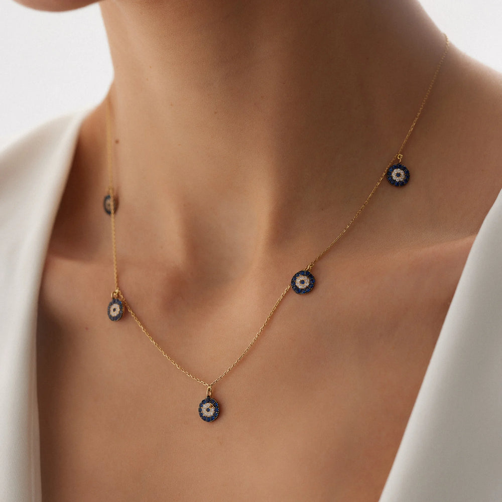 14 Ayar Altın Çoklu Nazar Boncuğu Kolye