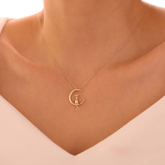 14 Ayar Altın Kedi ve Ay Kolye