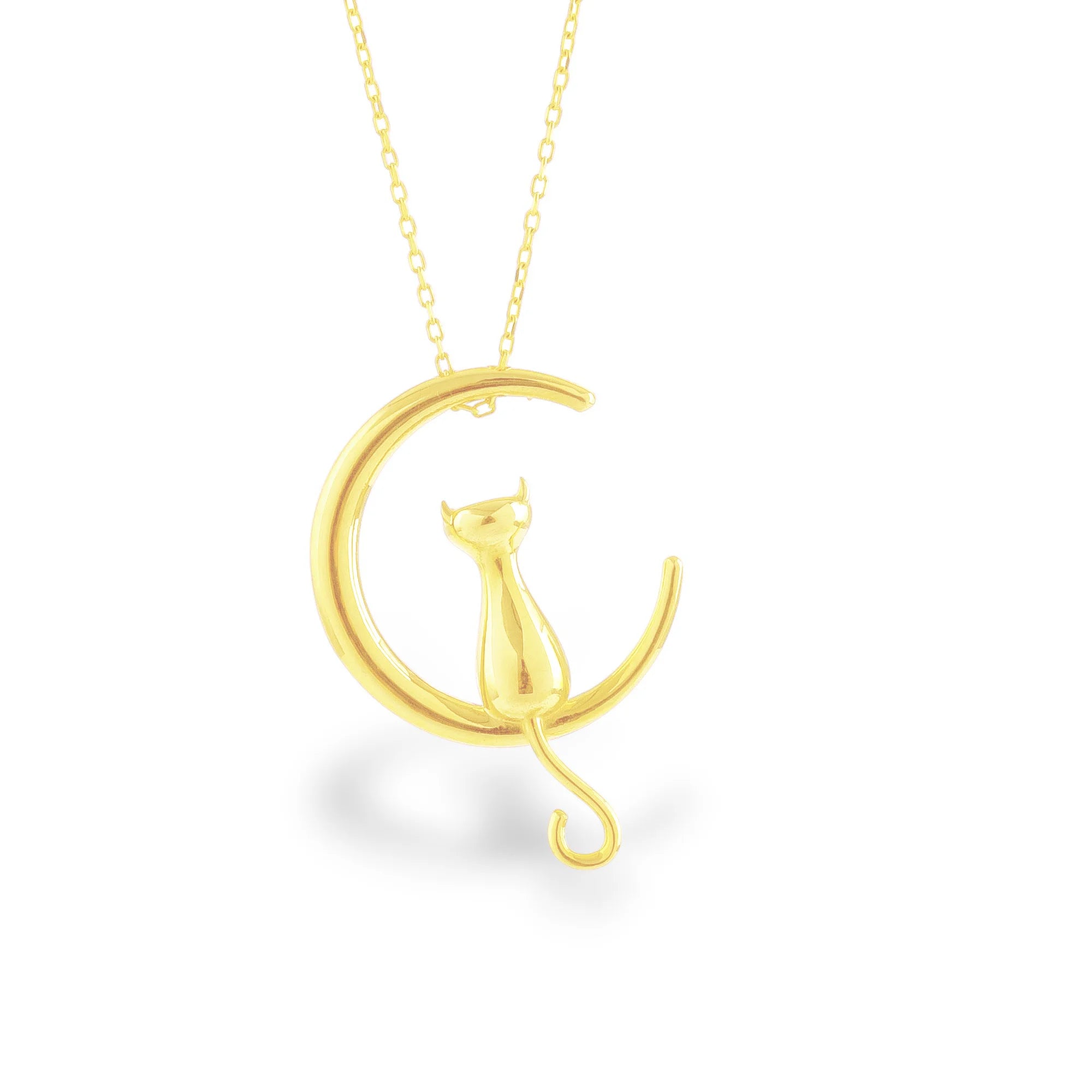 14 Ayar Altın Kedi ve Ay Kolye