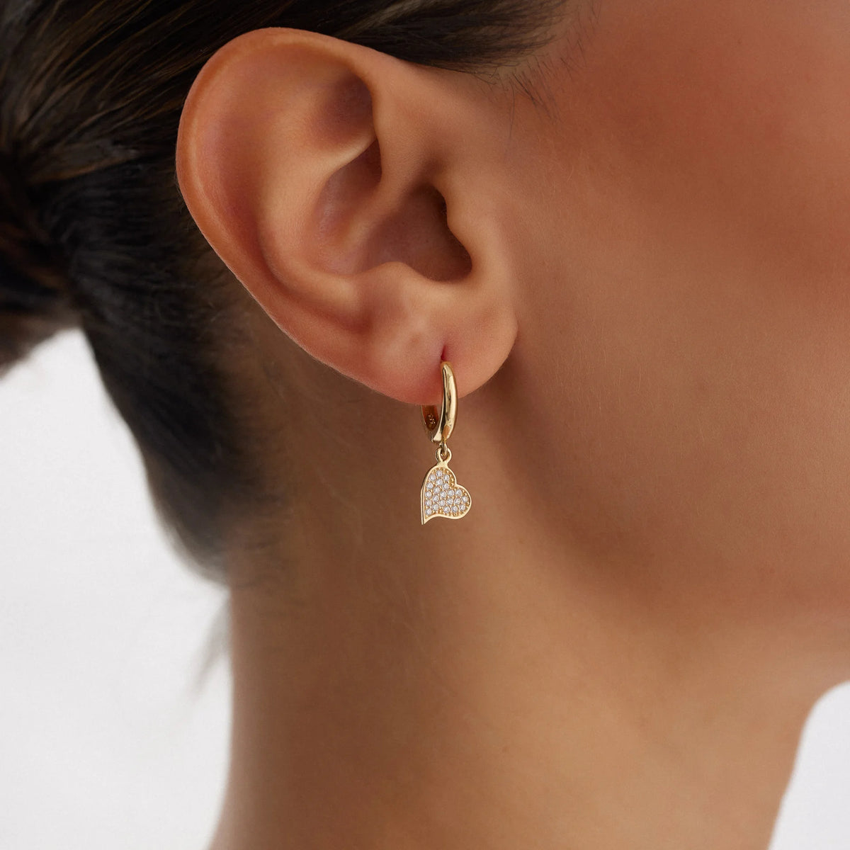 14K Gold Heart-Shaped Dangle Hoop Earrings with Stones