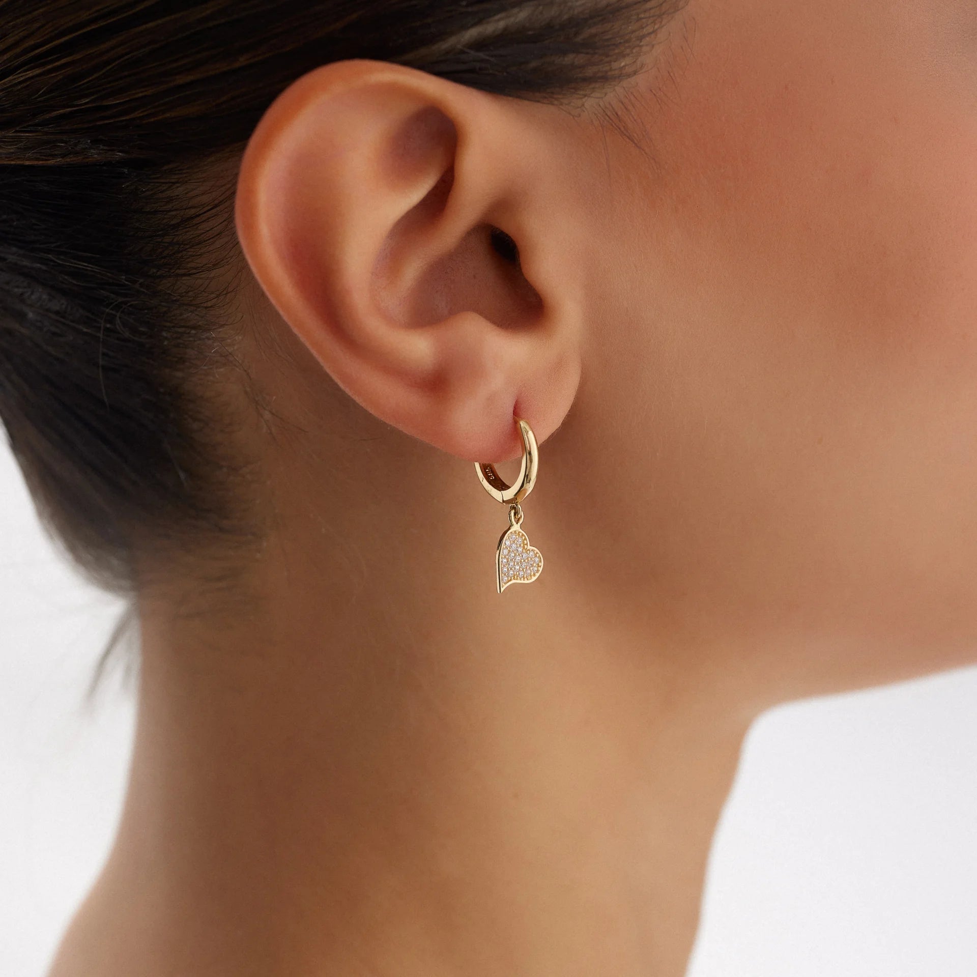 14K Gold Heart-Shaped Dangle Hoop Earrings with Stones