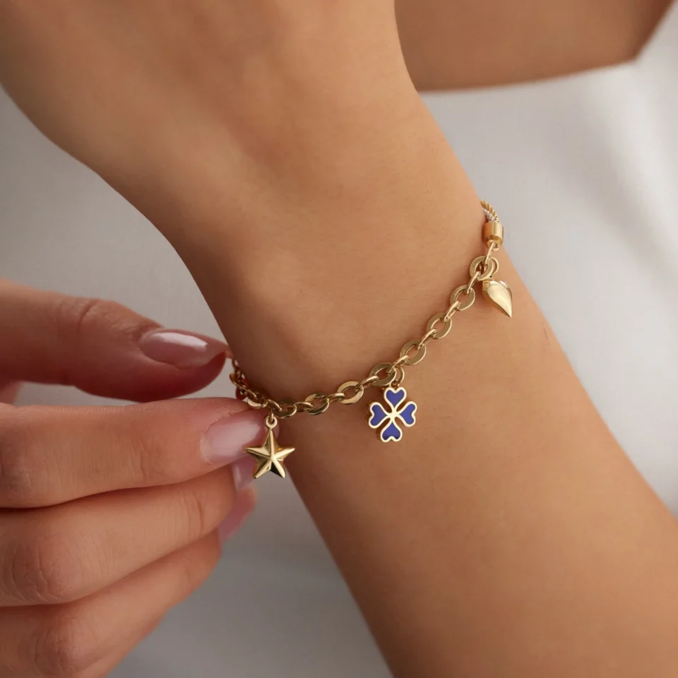 14 Ayar Altın Yonca & Yıldız & Kalp Charm Bileklik