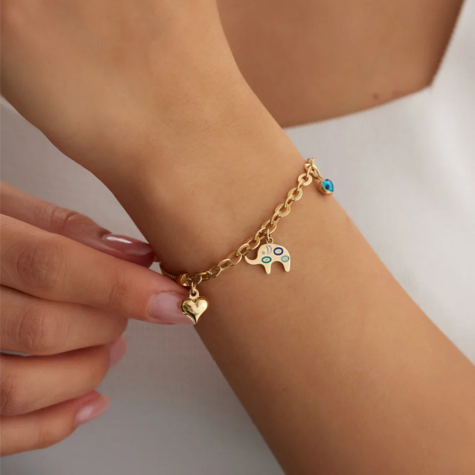 14 Ayar Altın Fil & Göz & Kalp Charm Bileklik